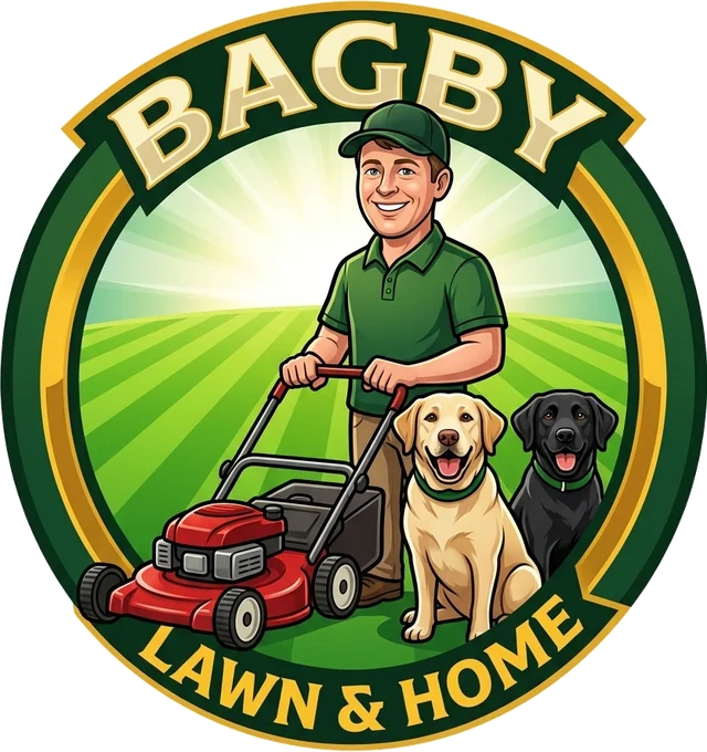 Bagby Lawn & Home logo: Evan pushing a red mower with a yellow Lab and a black Lab beside him